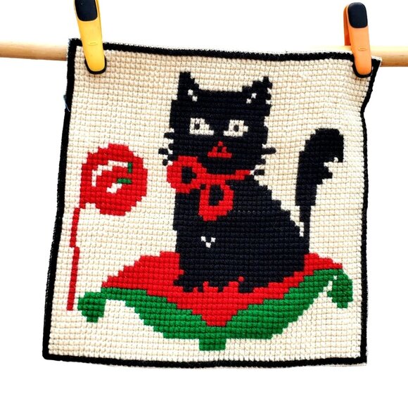 Vintage Gobelin Needlepoint Black Cat Kitten 14x14 Completed Canvas L 01.44 - Picture 1 of 12